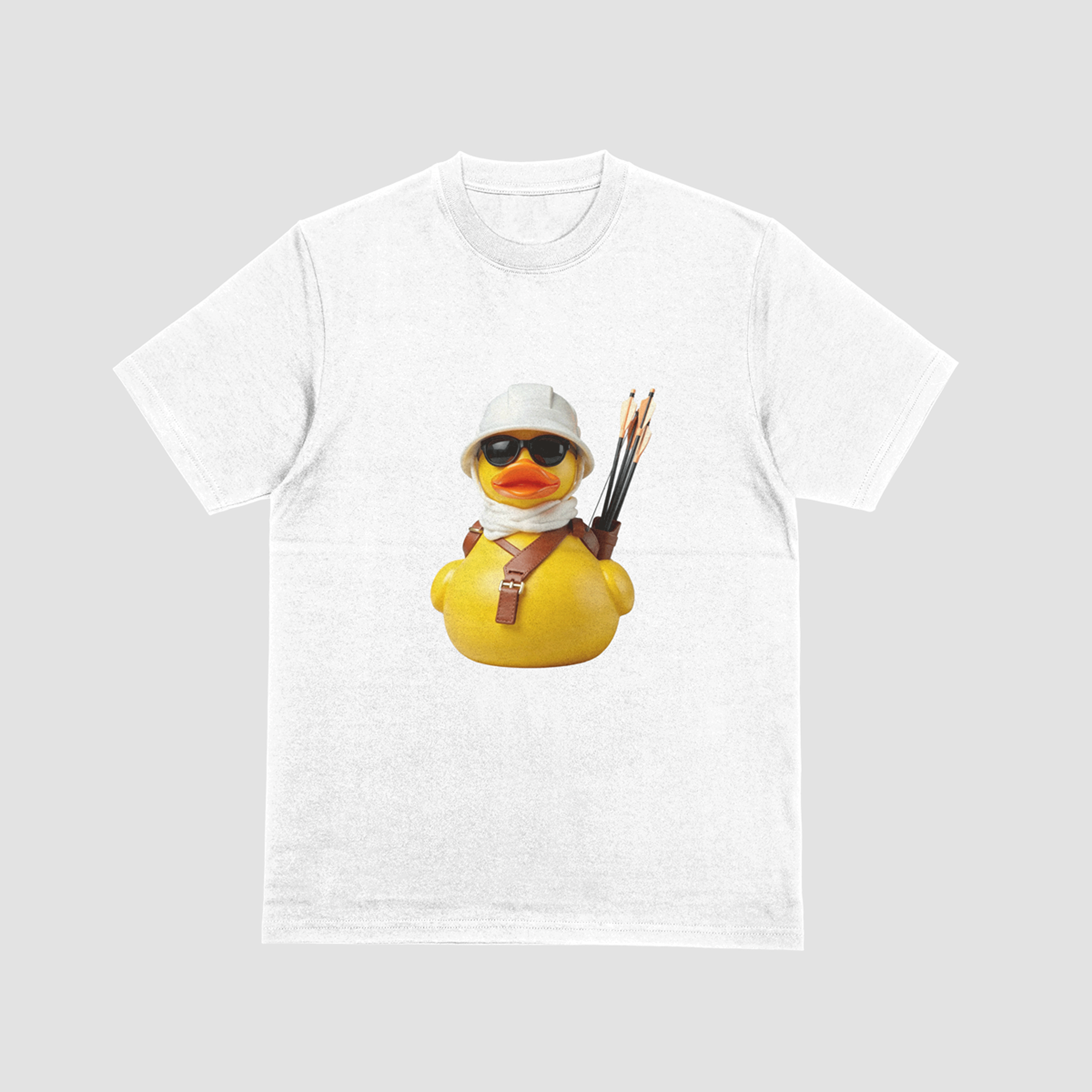 White tshirt with an image of a rubber duck and archery gear