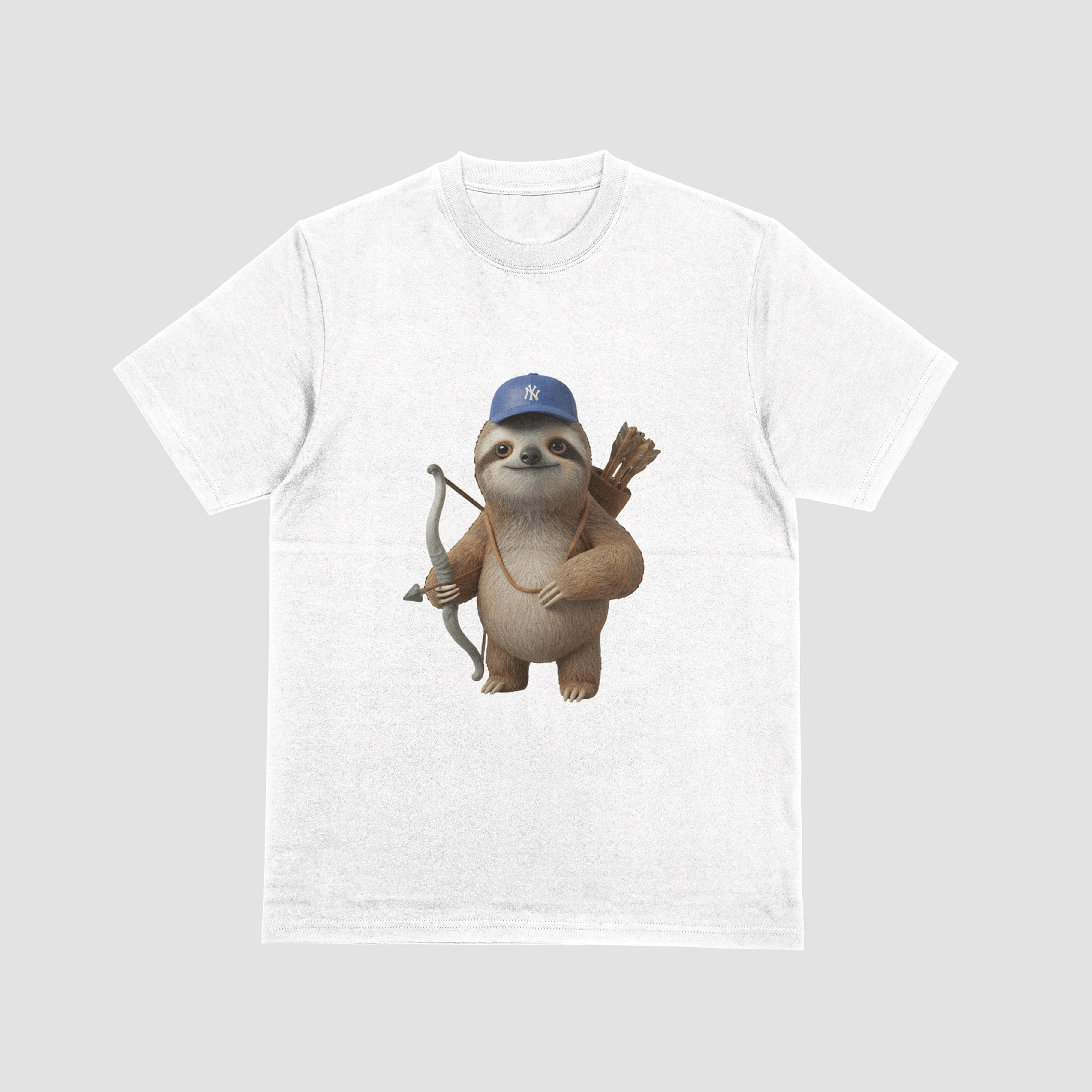 white  tshirt with an image of a sloth and archery gear