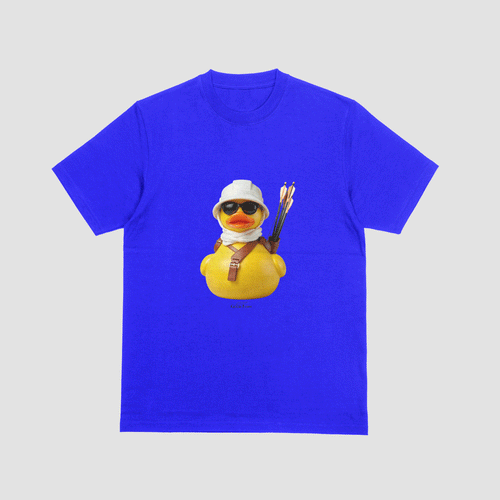 Blue tshirt with an image of a rubber duck and archery gear