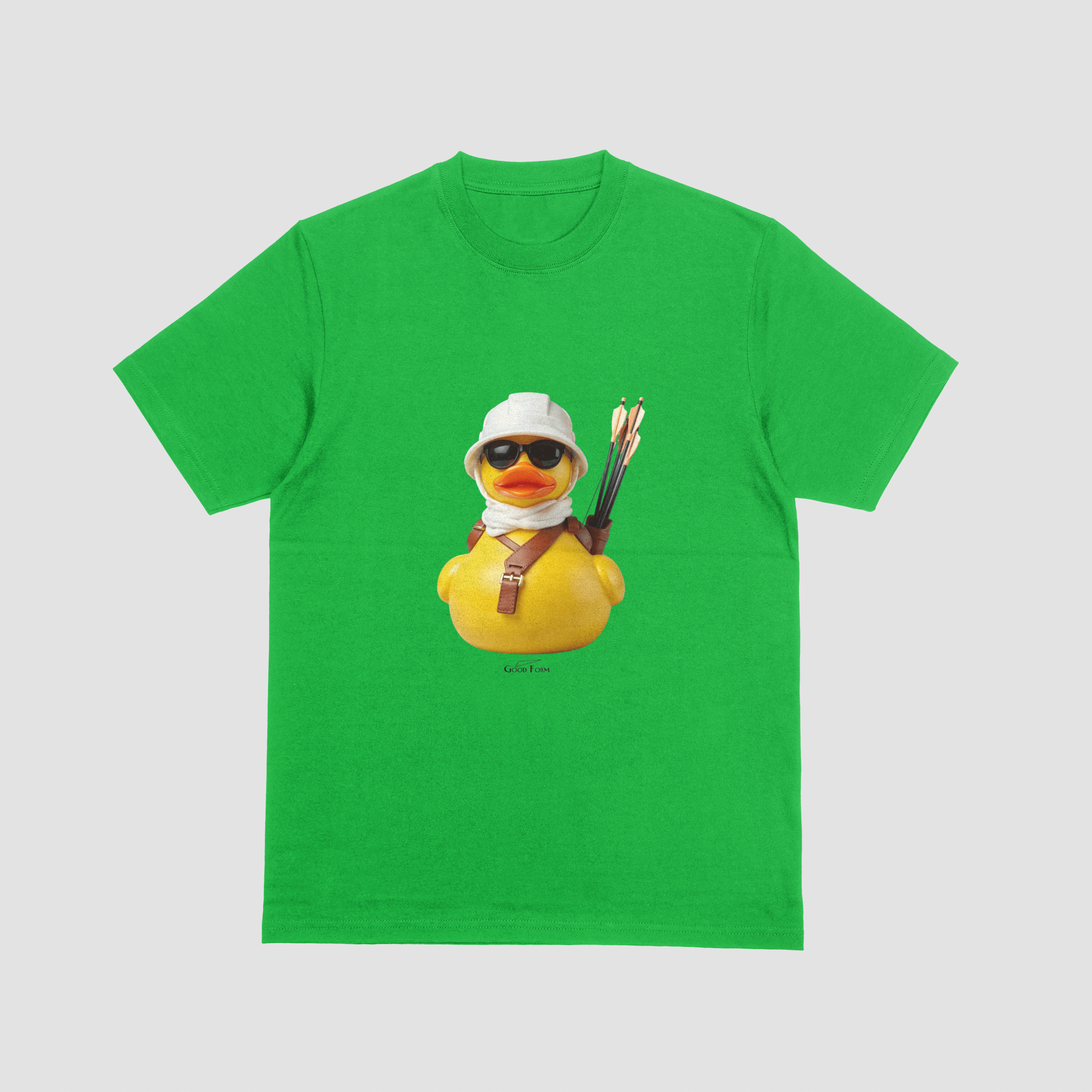 Green tshirt with an image of a rubber duck and archery gear