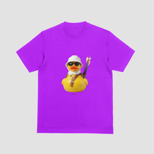 Purple  tshirt with an image of a rubber duck and archery gear
