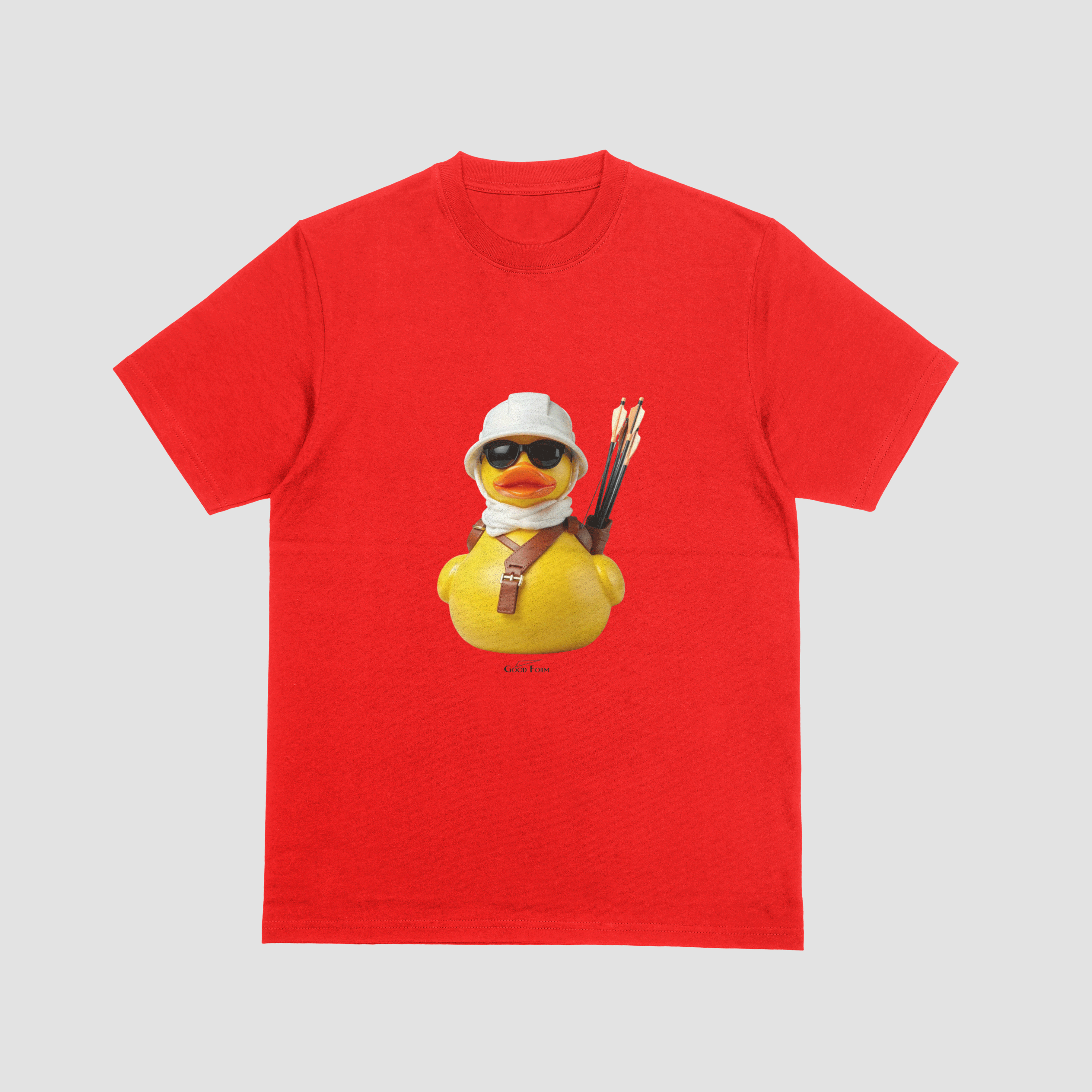 Red tshirt with an image of a rubber duck and archery gear