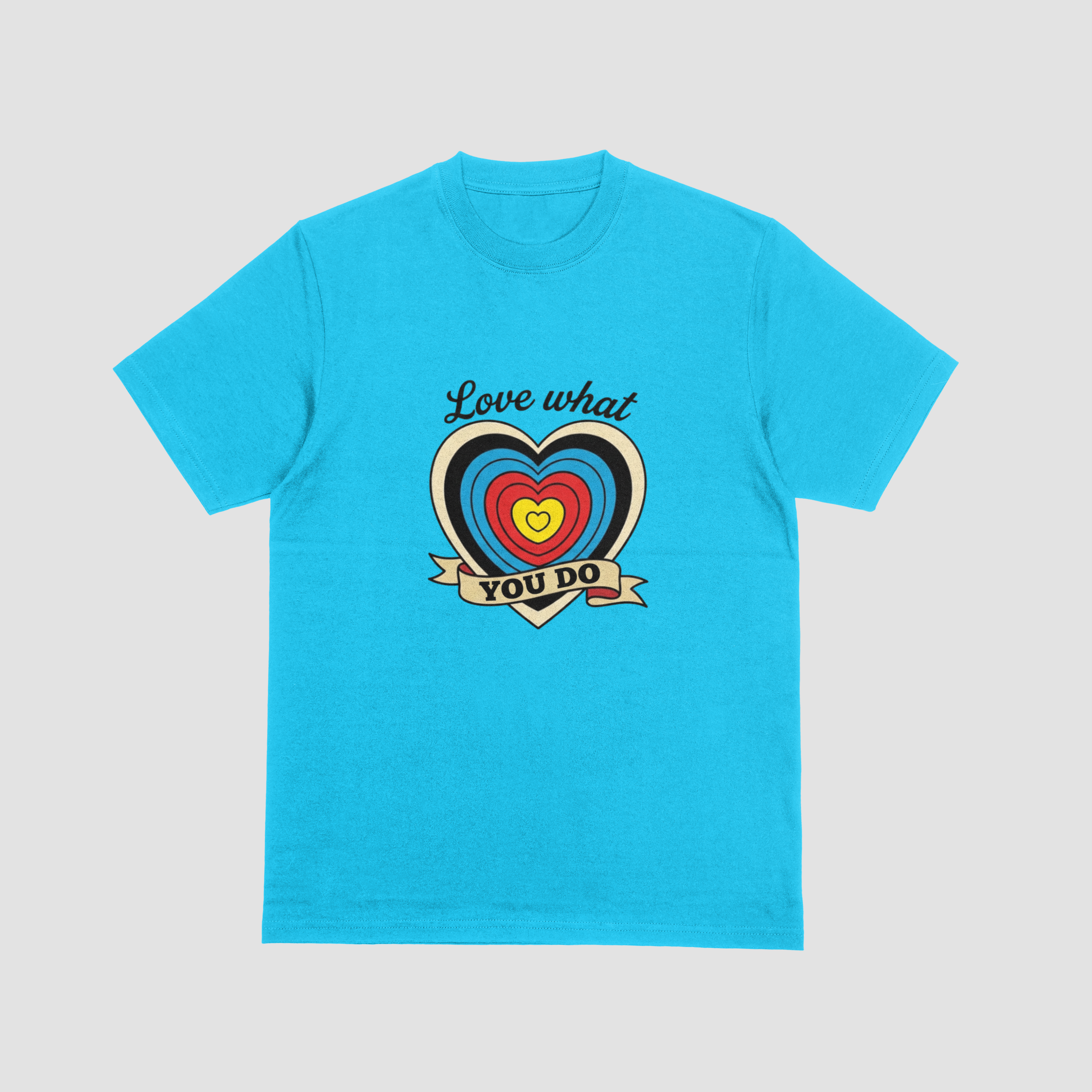 Light blue tshirt with a archery themed tattoo design wording Love What You Do