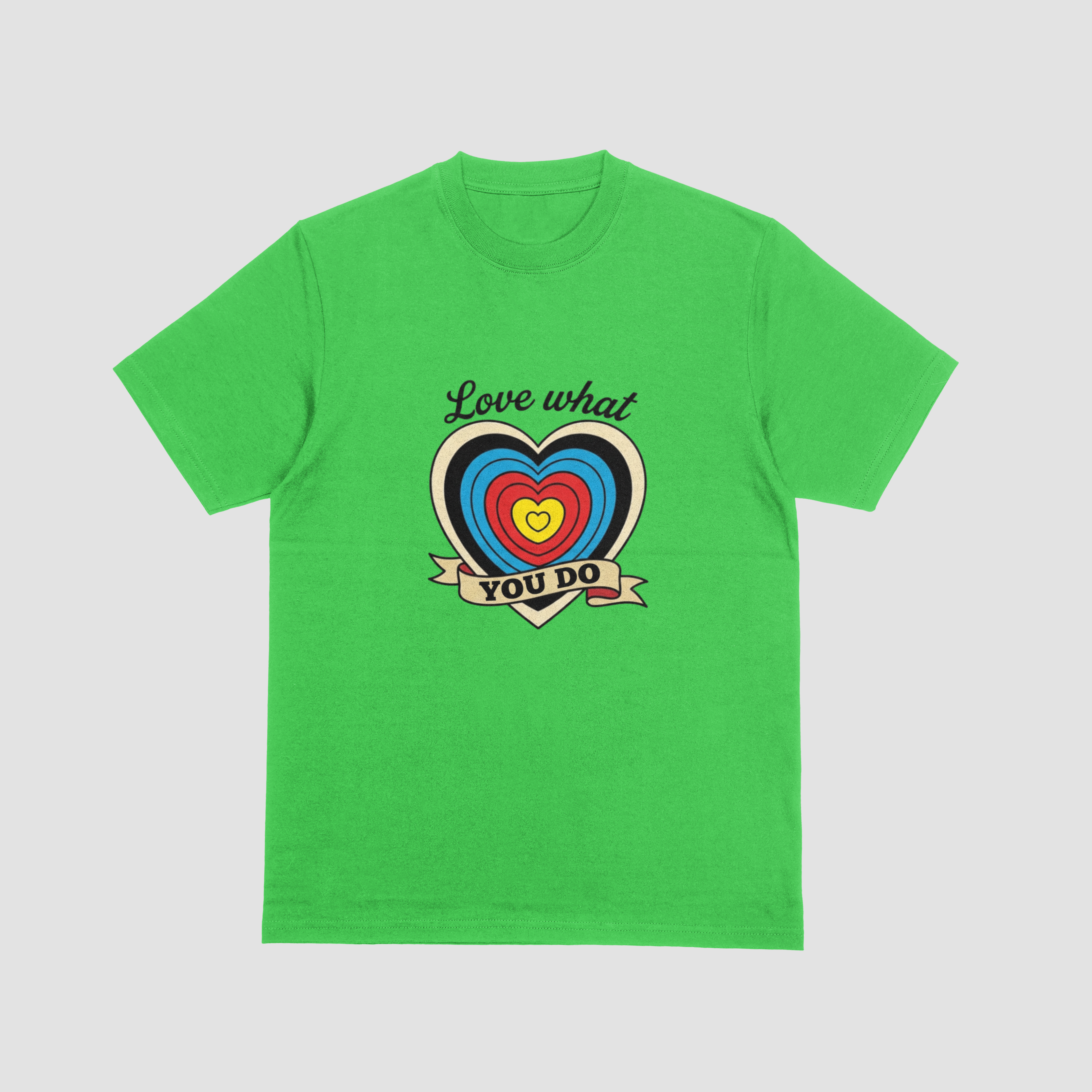 Light green tshirt with a archery themed tattoo design wording Love What You Do