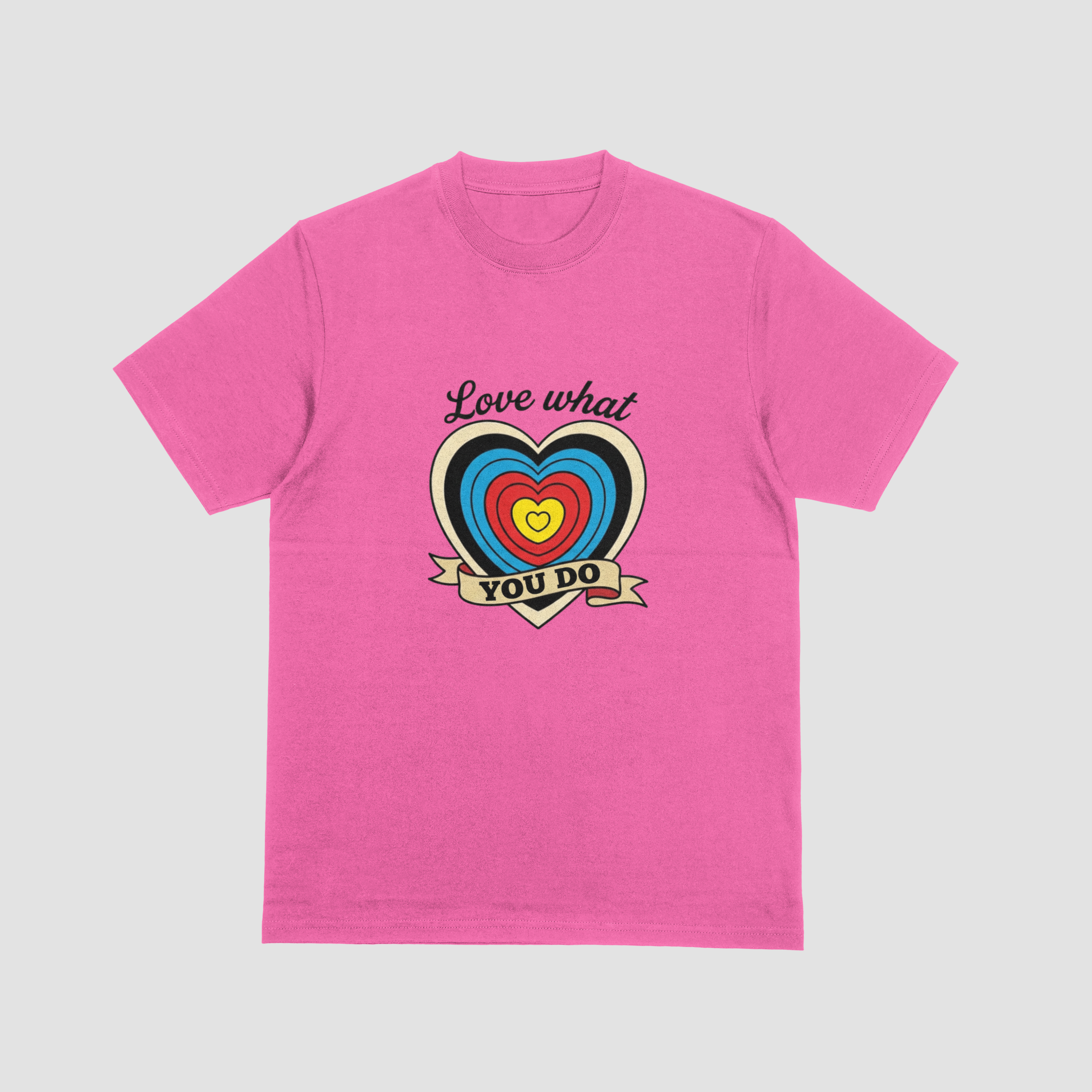 Pink thsirt with tattoo inspired archery moitif and he words Love What You Do