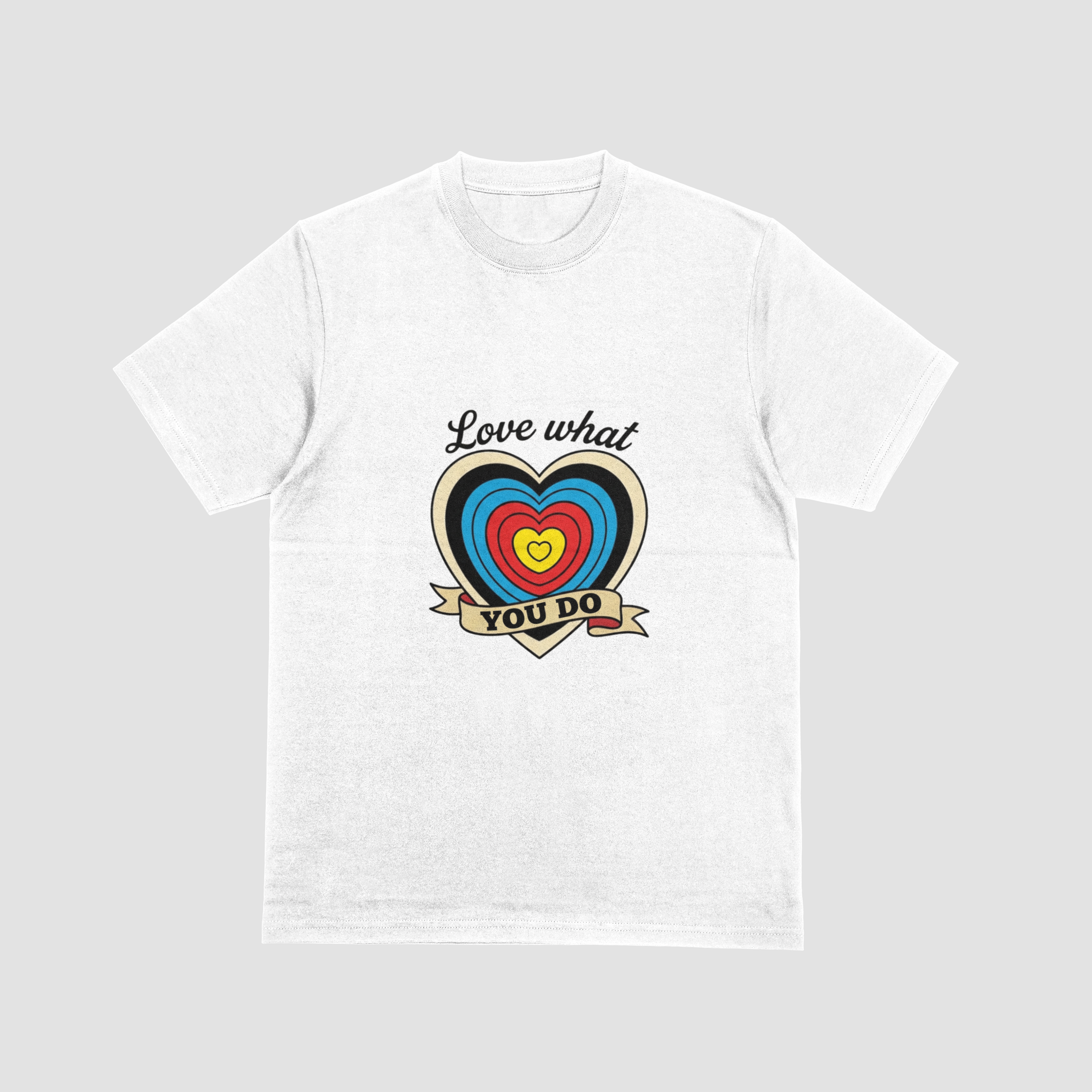 White tshirt with a archery themed tattoo design wording Love What You Do