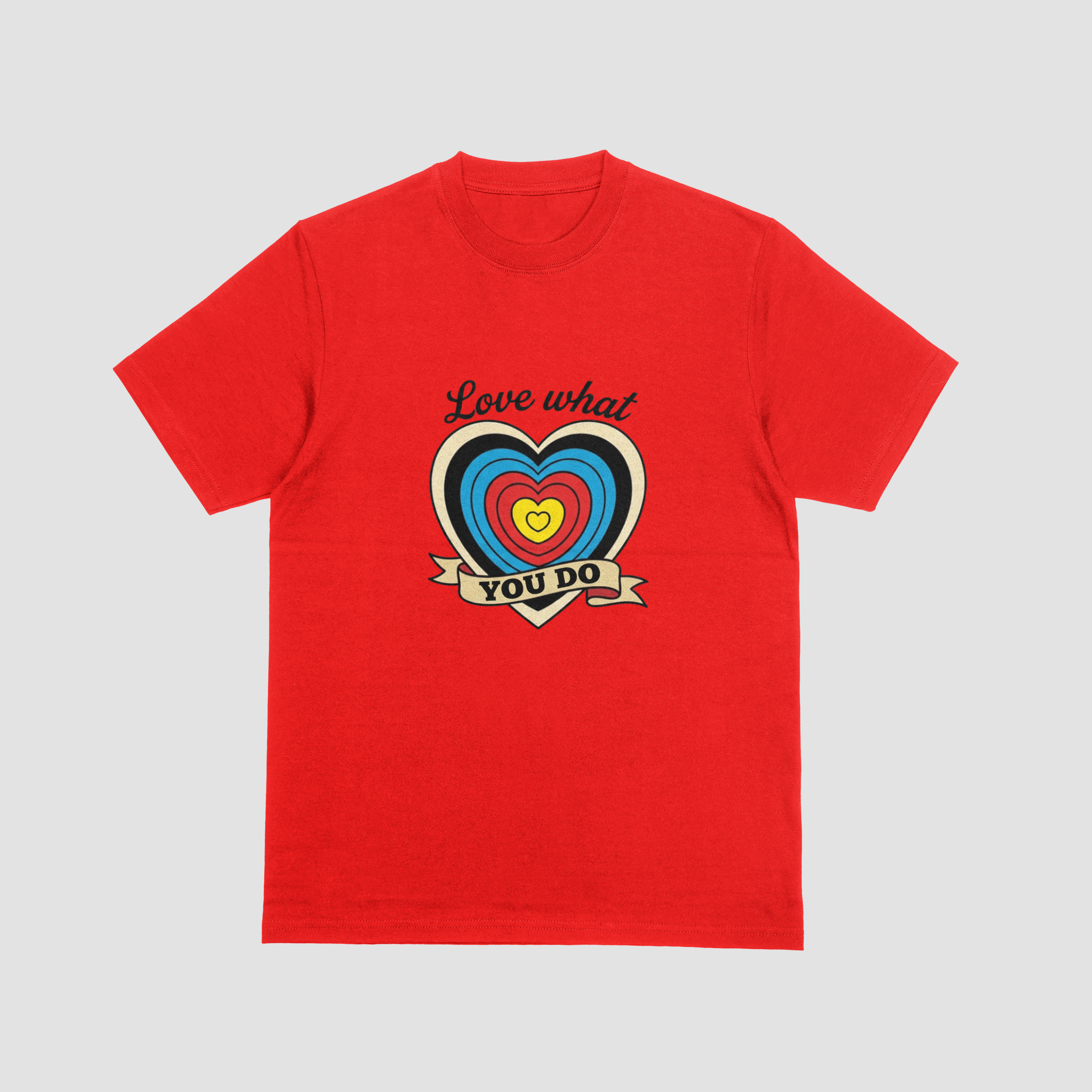 Red tshirt with a archery themed tattoo design wording Love What You Do