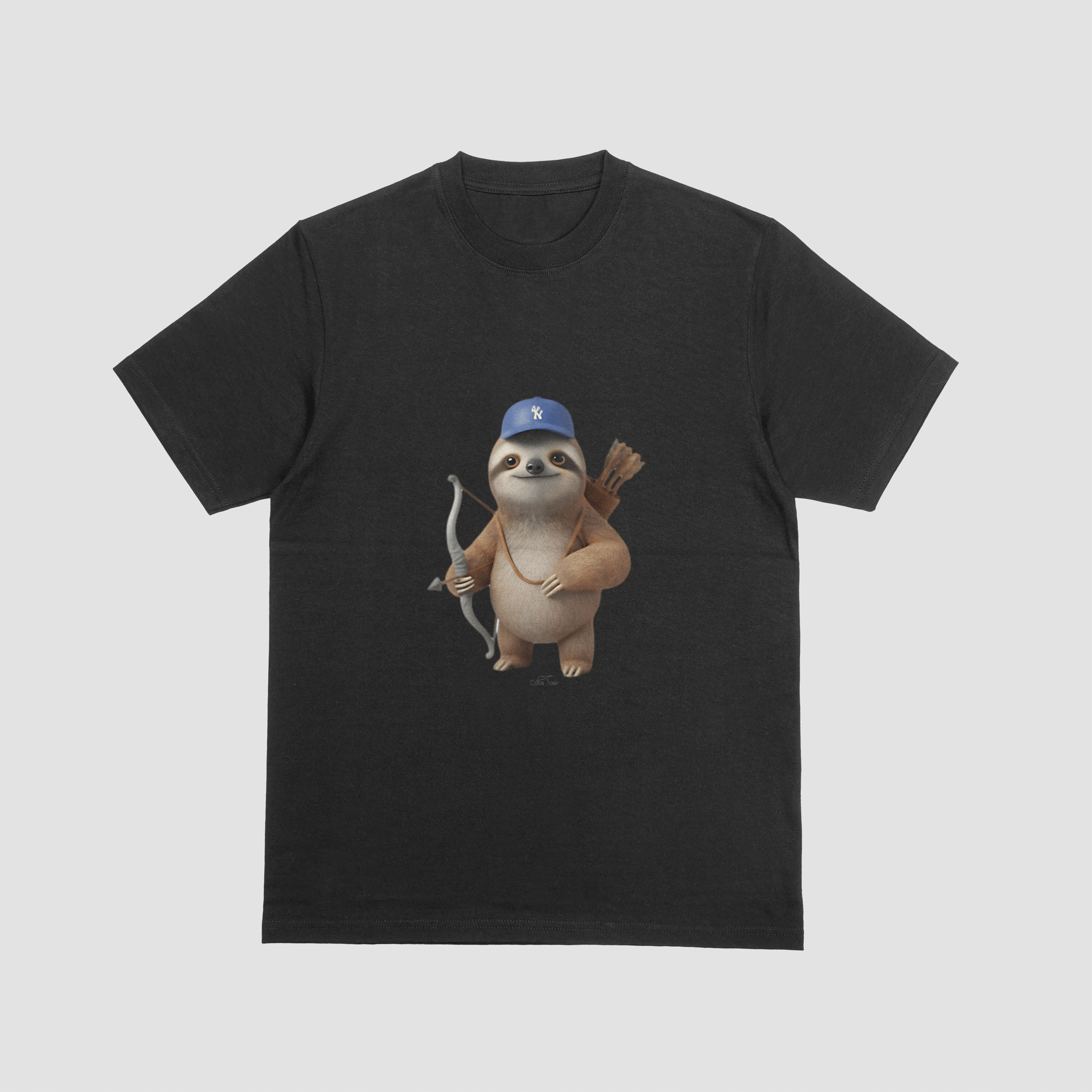 Black tshirt with an image of a sloth and archery gear