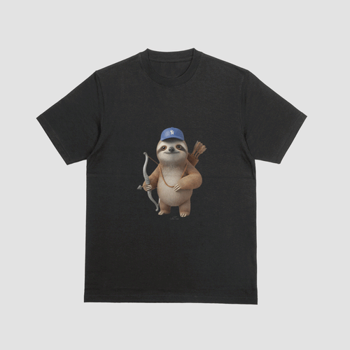 Black tshirt with an image of a sloth and archery gear