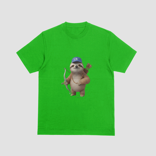 green  tshirt with an image of a sloth and archery gear