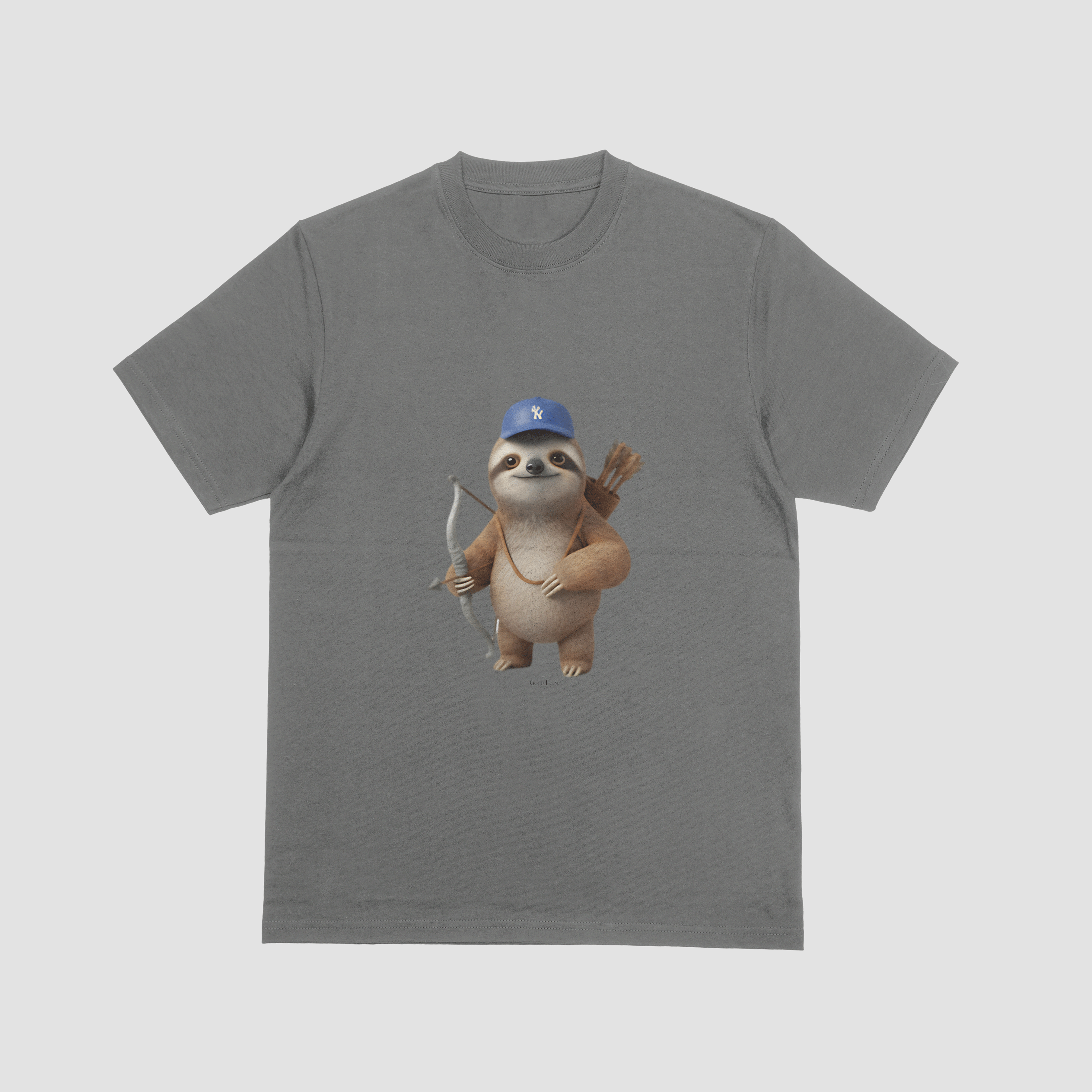grey  tshirt with an image of a sloth and archery gear